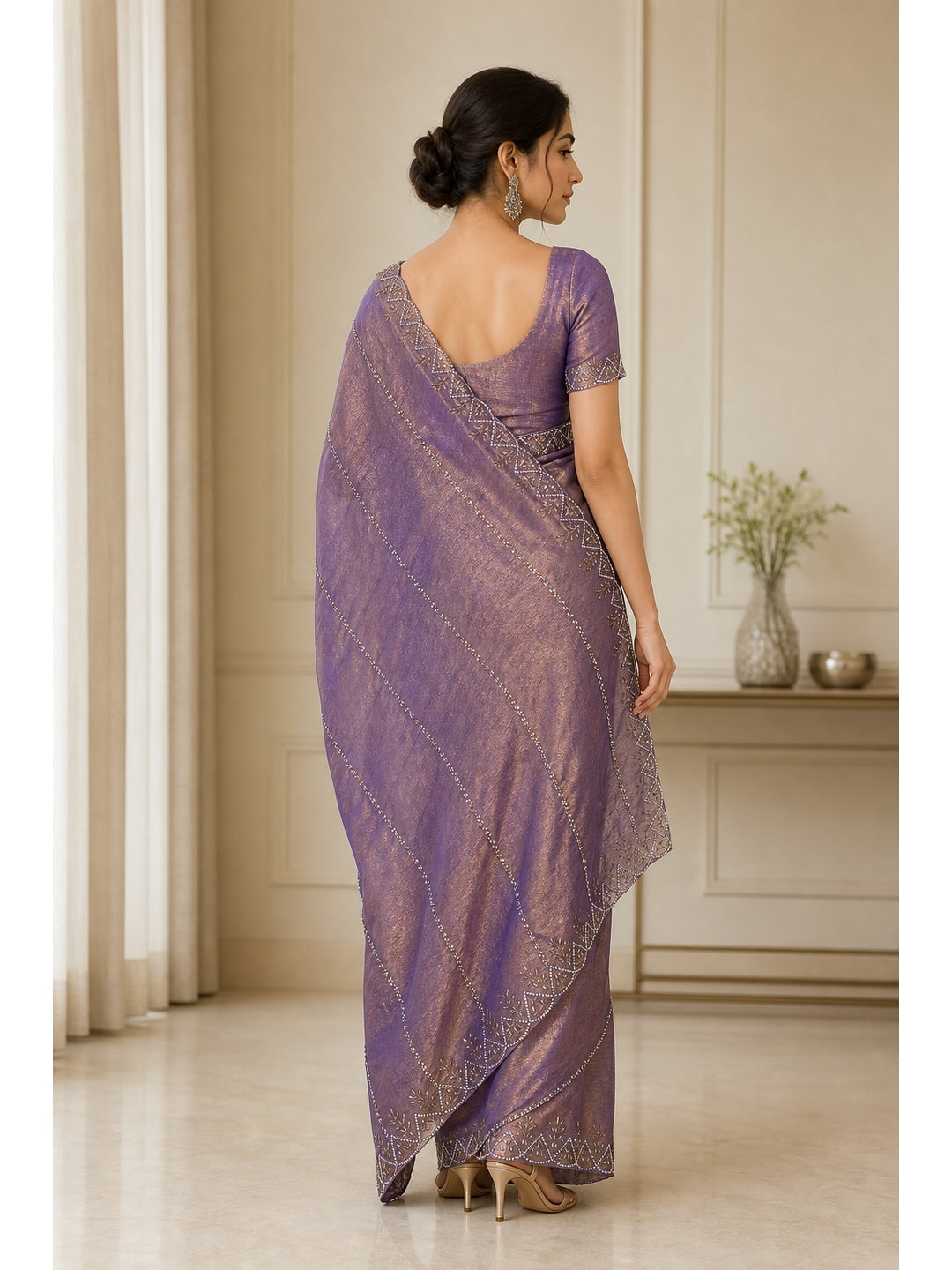 Peachmode Mauve Fendi Chiffon Embellished Saree - Image 5