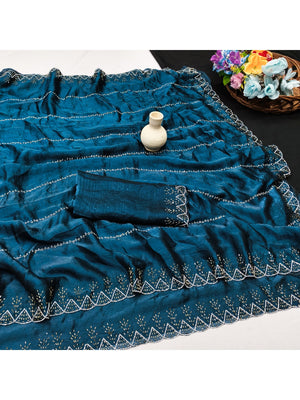 Peachmode Teal Fendi Chiffon Embellished Saree - Image 2
