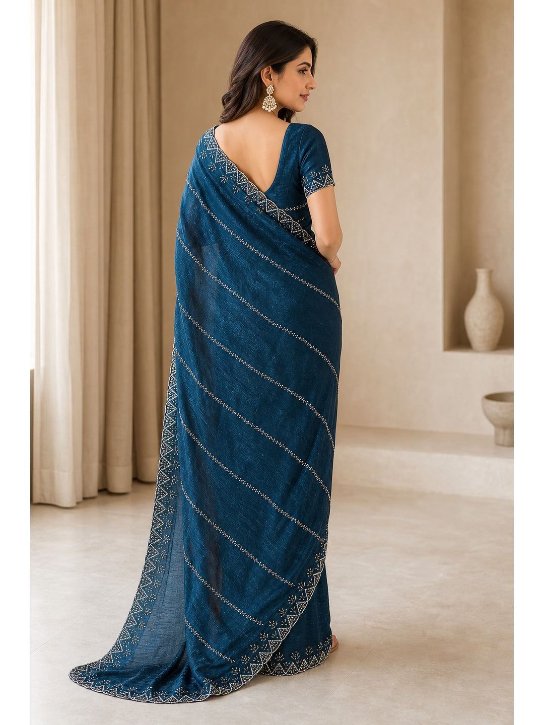 Peachmode Teal Fendi Chiffon Embellished Saree - Image 5