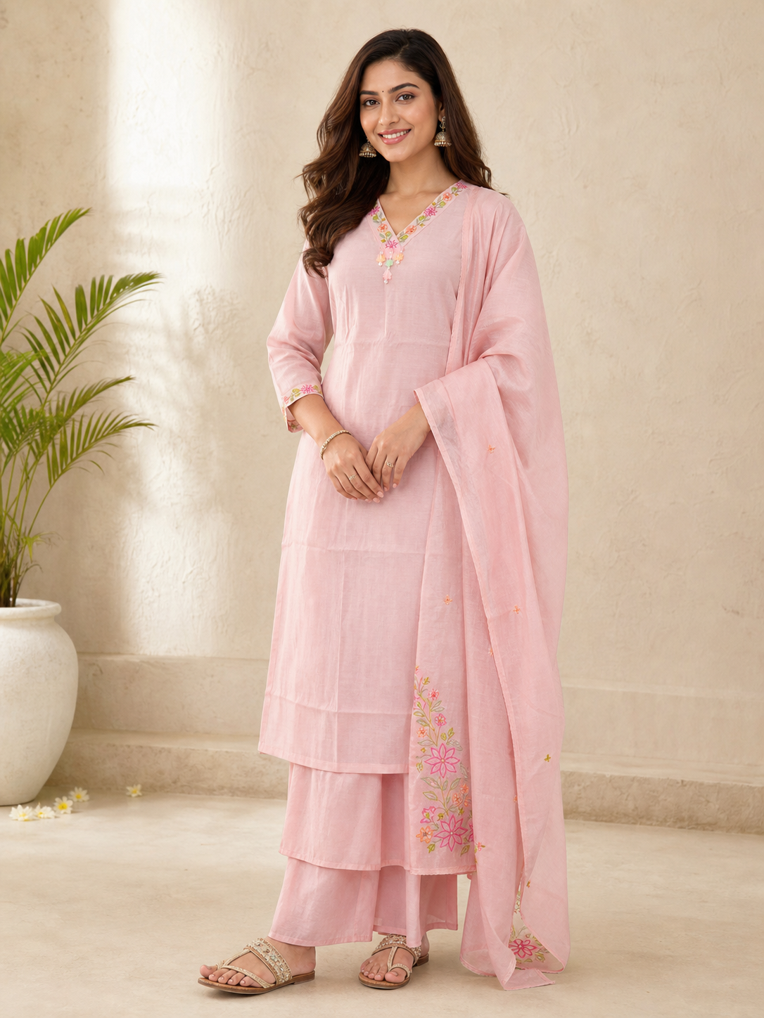 Peachmode Pink Chanderi Floral Embroidered Salwar Suit - Image 1
