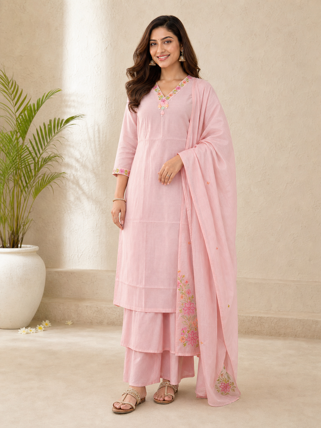 Peachmode Pink Chanderi Floral Embroidered Salwar Suit - Image 2