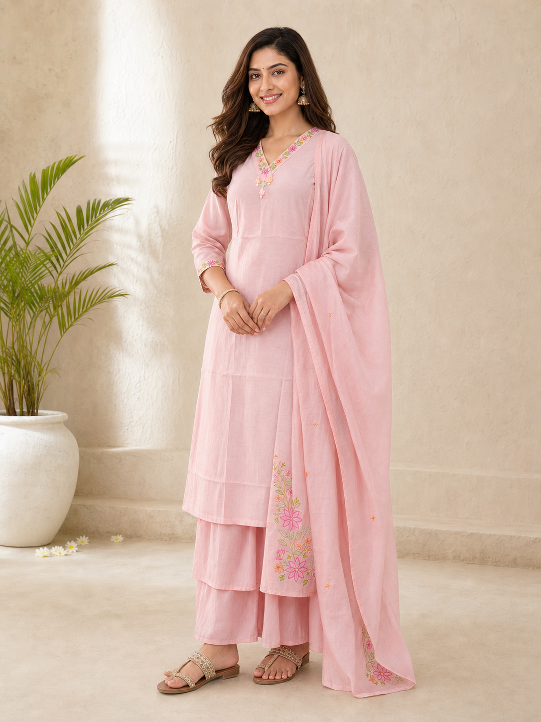 Peachmode Pink Chanderi Floral Embroidered Salwar Suit - Image 3