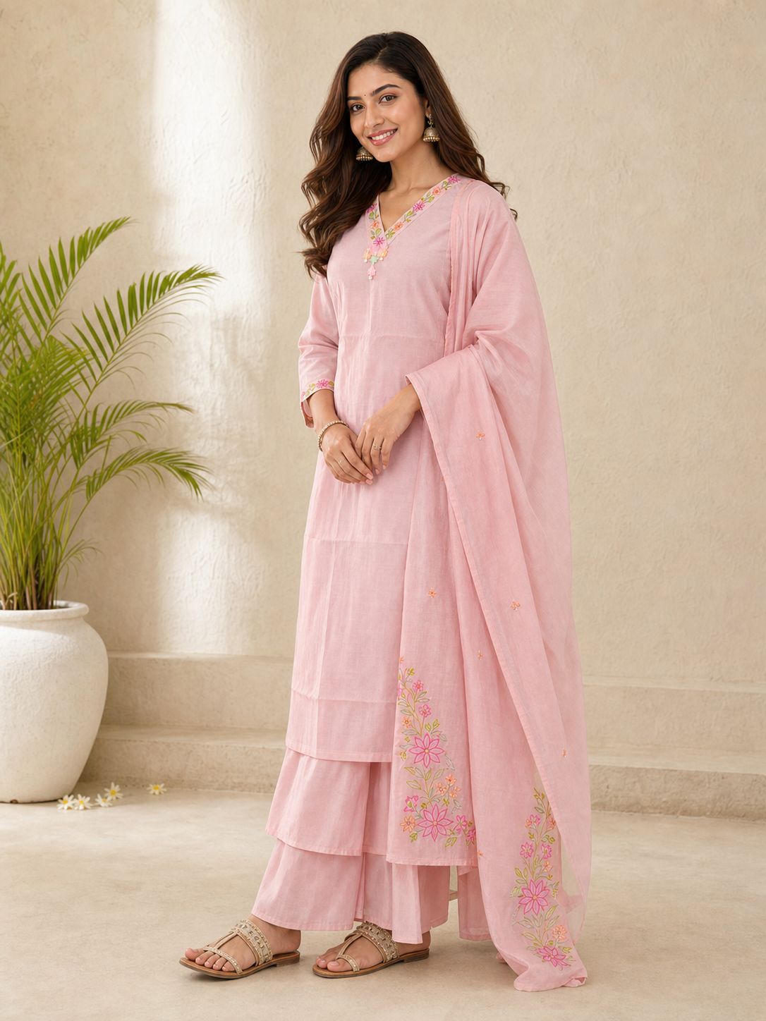 Peachmode Pink Chanderi Floral Embroidered Salwar Suit - Image 4
