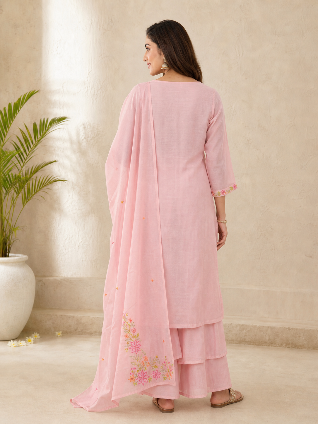 Peachmode Pink Chanderi Floral Embroidered Salwar Suit - Image 5