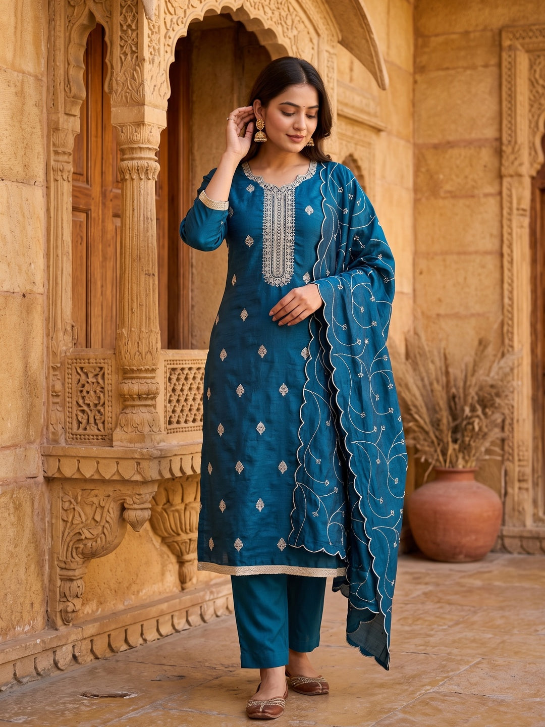 Morpich Blue Vichitra Silk Dress Material with Graceful Floral Zari Embroidery - Image 1