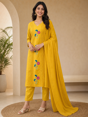 Peachmode Gold Mul Cotton Floral Embroidered Salwar Suit - Image 1