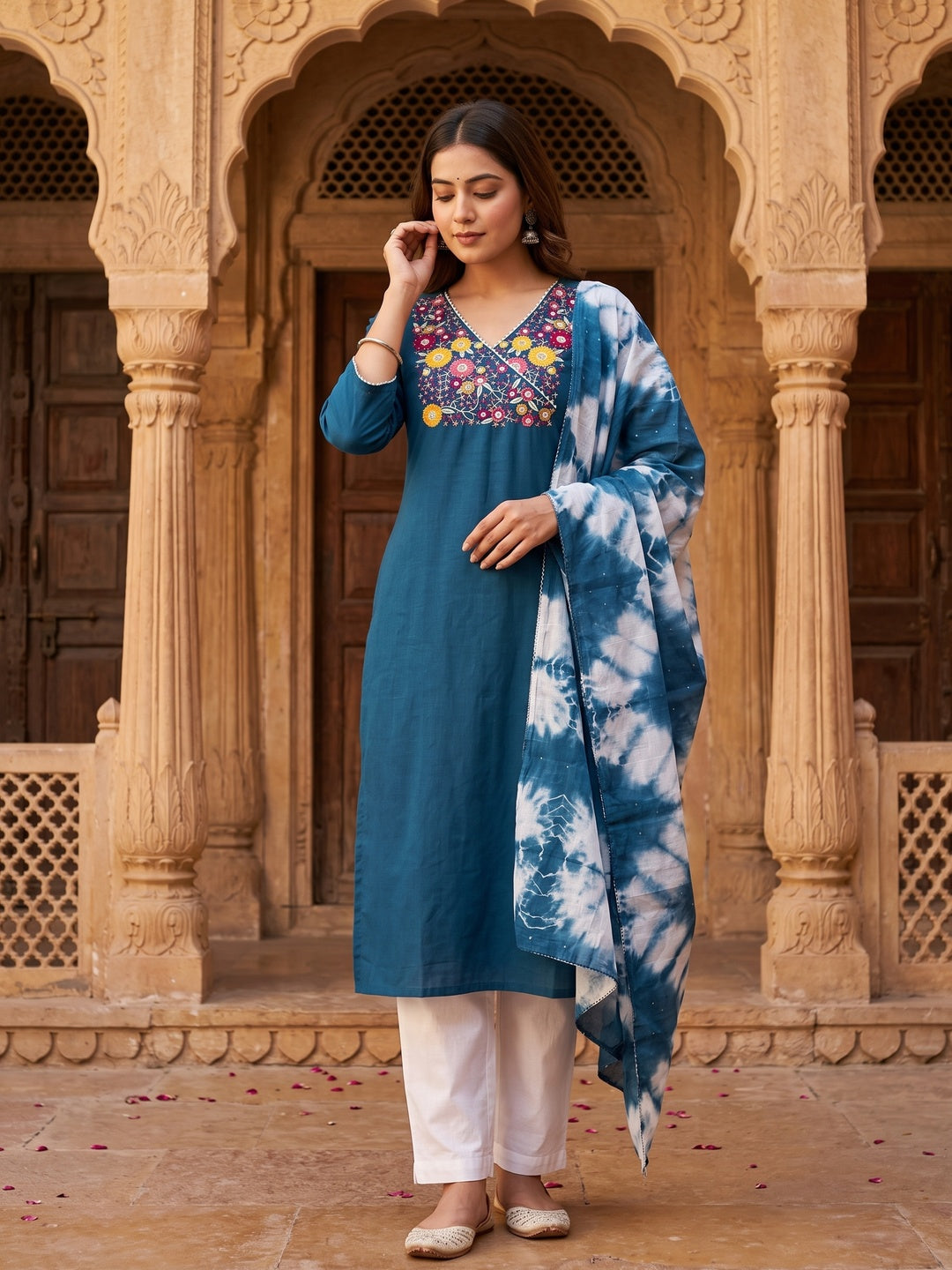 Blue Cotton Blend Dress Material With Floral Thread Embroidery - Image 1