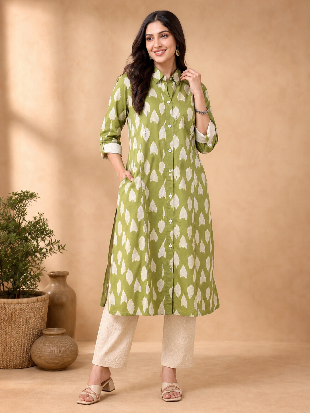 Peachmode Green Pure Cotton Geometric Printed Co-ord Set - Image 1