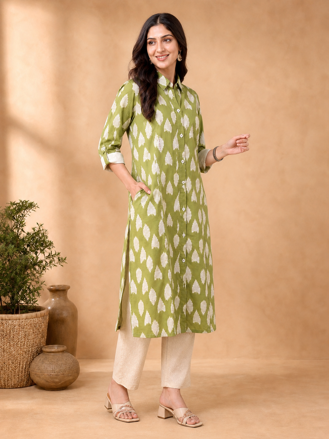 Peachmode Green Pure Cotton Geometric Printed Co-ord Set - Image 3