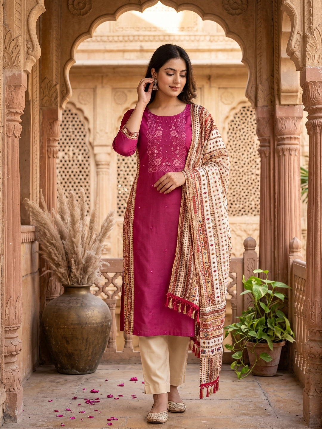 Pink Floral Sequins Embroidered Cotton Silk Dress Material - Image 1