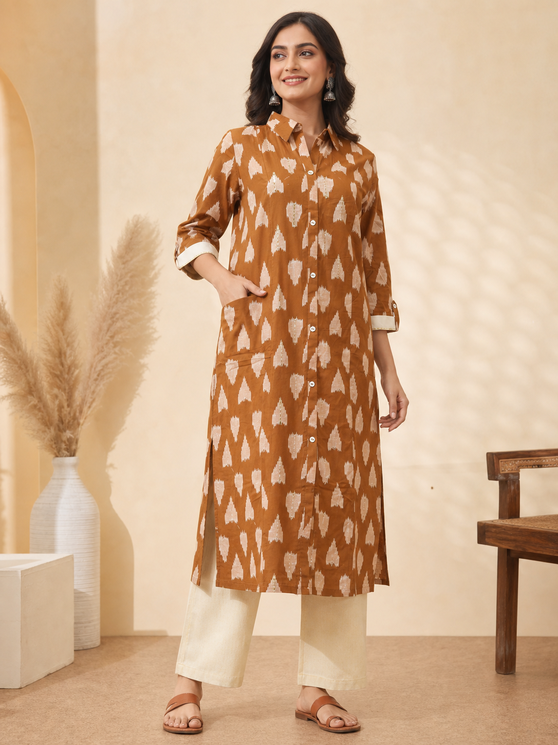 Peachmode Rust Pure Cotton Geometric Printed Co-ord Set - Image 1
