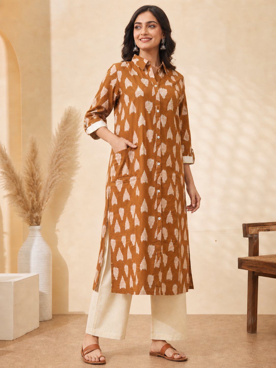 Peachmode Rust Pure Cotton Geometric Printed Co-ord Set - Image 4