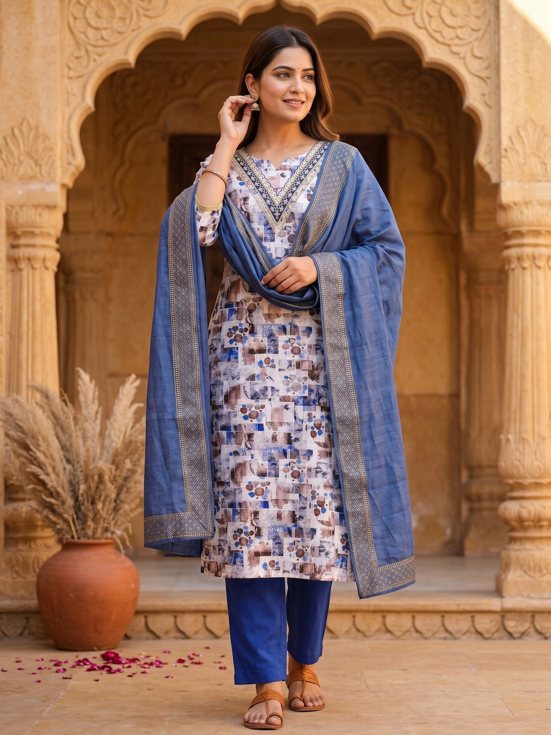 Blue Digital Printed Cotton Blend Dress Material With Intricate Neck Embroidery - Image 1