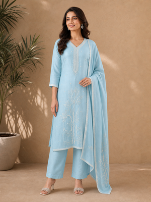 Peachmode Sky Blue Vichitra Silk Embroidered Salwar Suit - Image 2