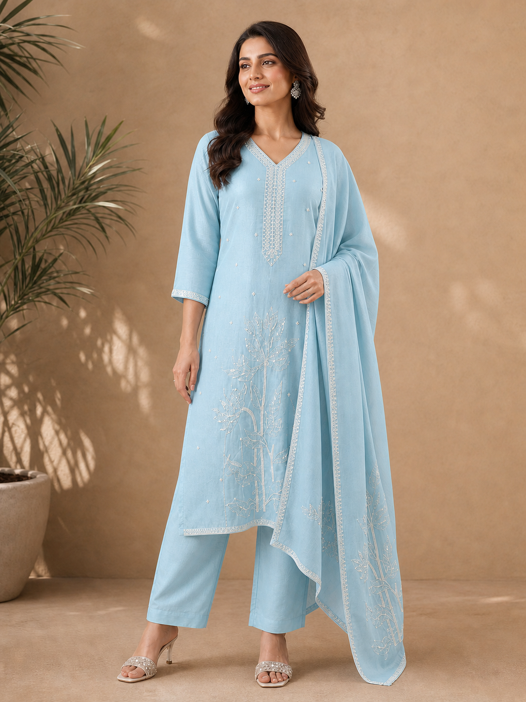 Peachmode Sky Blue Vichitra Silk Embroidered Salwar Suit - Image 3