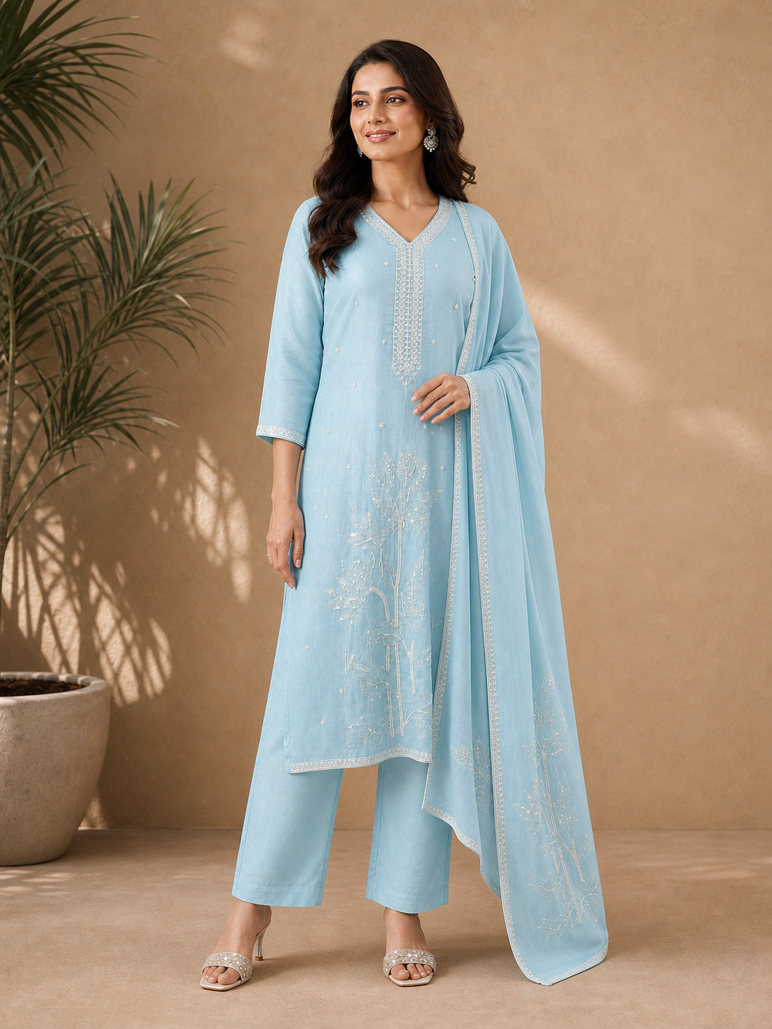 Peachmode Sky Blue Vichitra Silk Embroidered Salwar Suit - Image 4