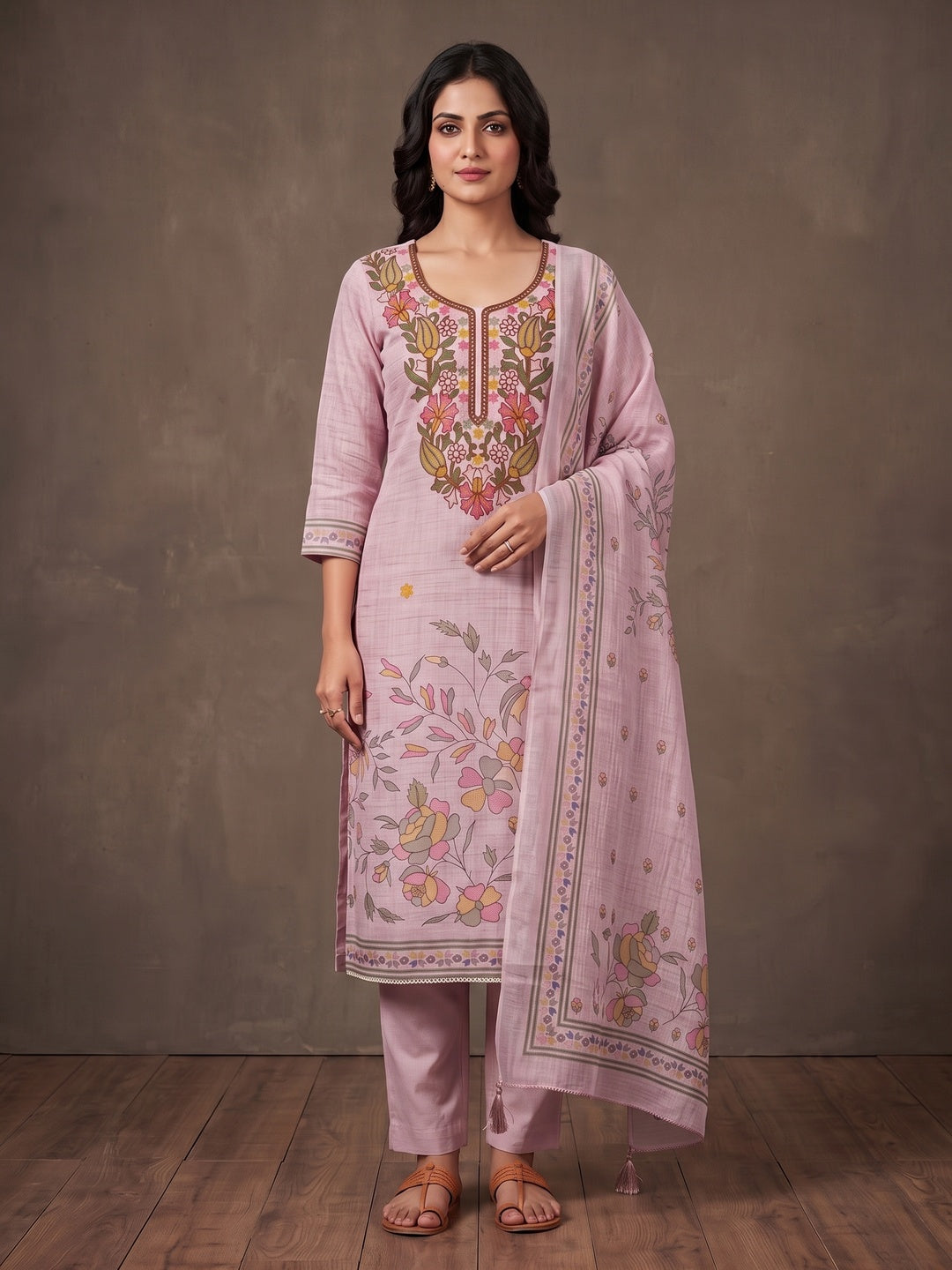 Peachmode Pink Floral Embroidered Linen Cotton Dress Material - Image 1