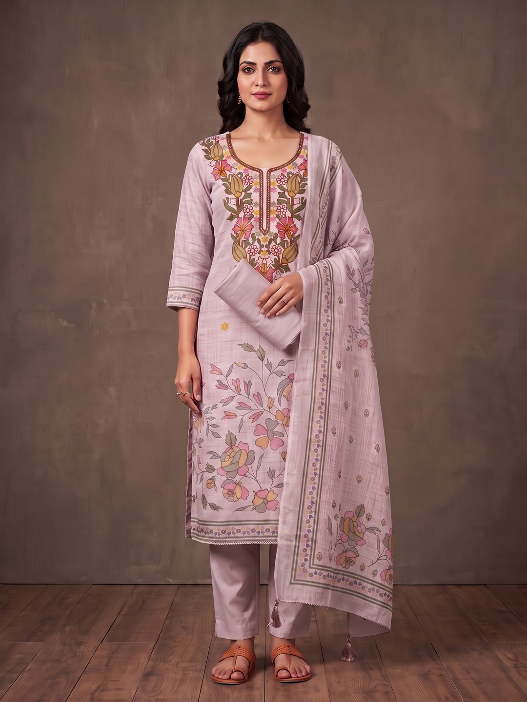 Peachmode Pink Floral Embroidered Linen Cotton Dress Material - Image 2