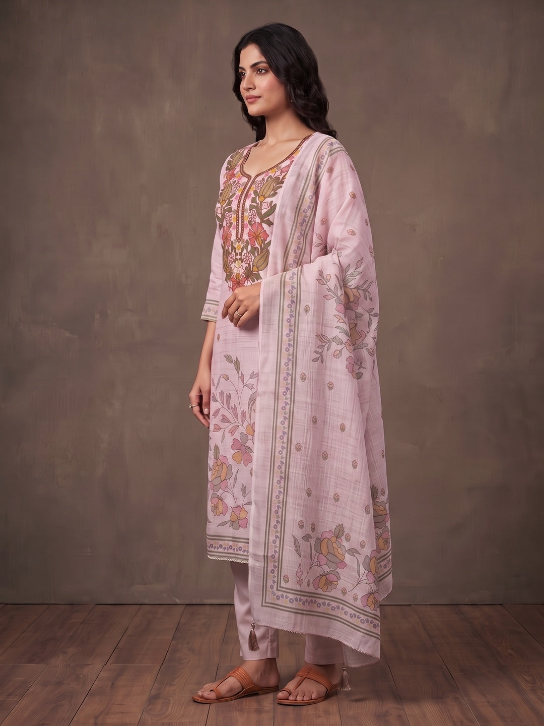 Peachmode Pink Floral Embroidered Linen Cotton Dress Material - Image 3