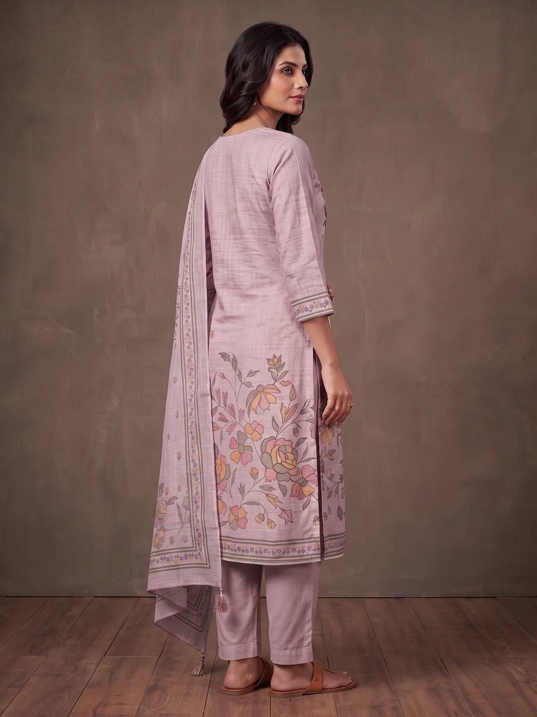 Peachmode Pink Floral Embroidered Linen Cotton Dress Material - Image 4