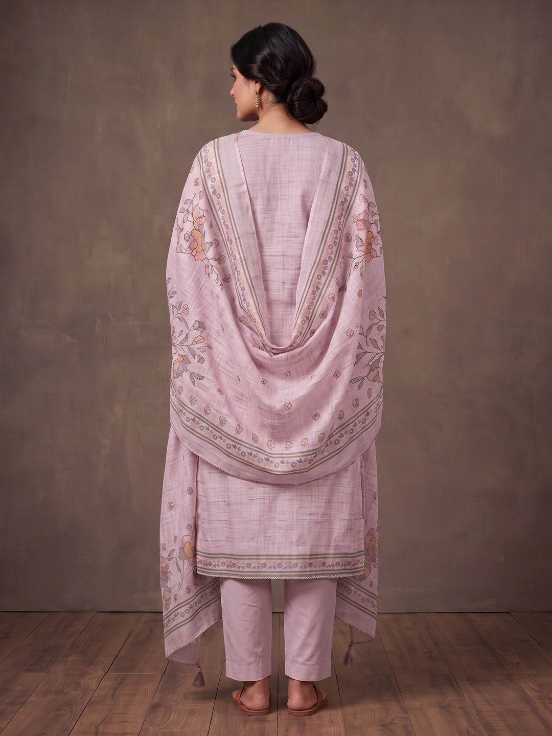 Peachmode Pink Floral Embroidered Linen Cotton Dress Material - Image 5