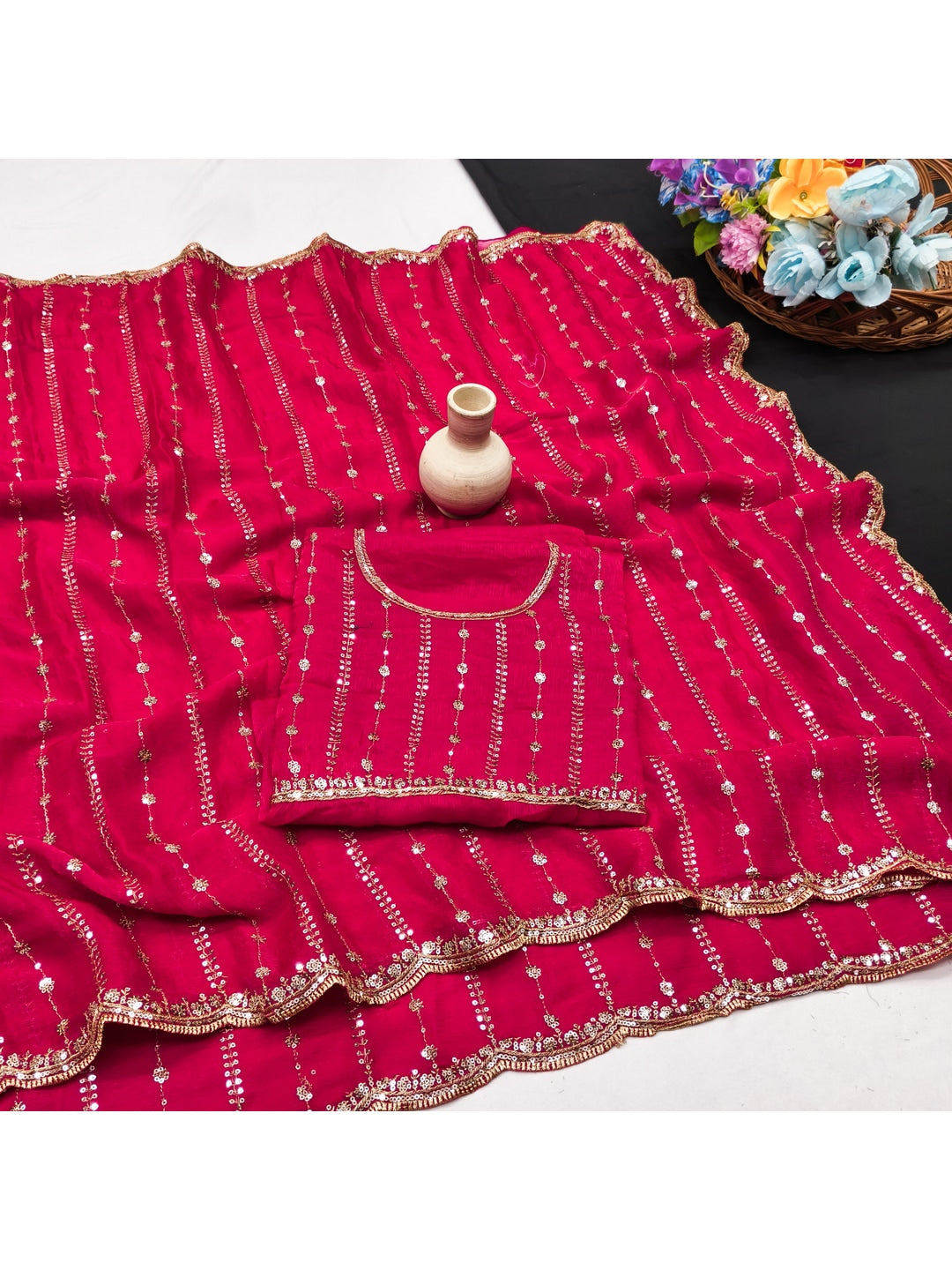 Peachmode Rani Pink Embellished Chinon Saree - Image 2