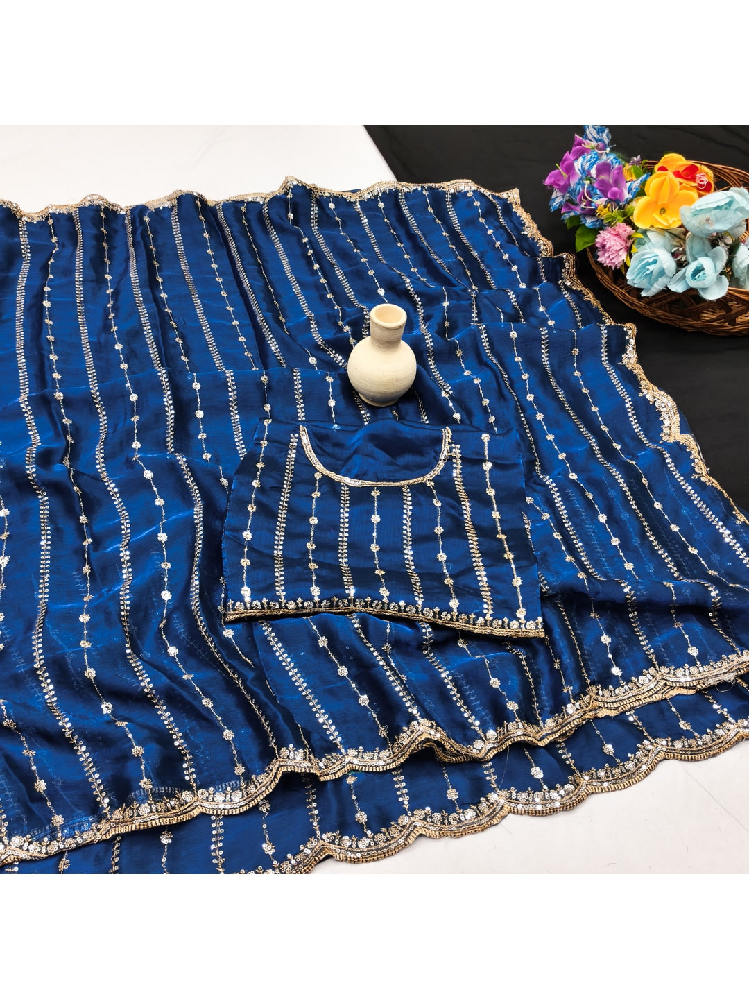 Peachmode Royal Blue Embellished Chinon Saree - Image 2