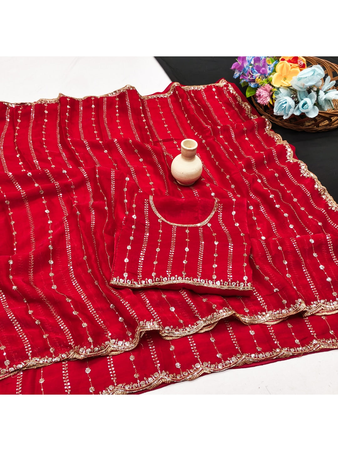 Peachmode Red Embellished Chinon Saree - Image 2