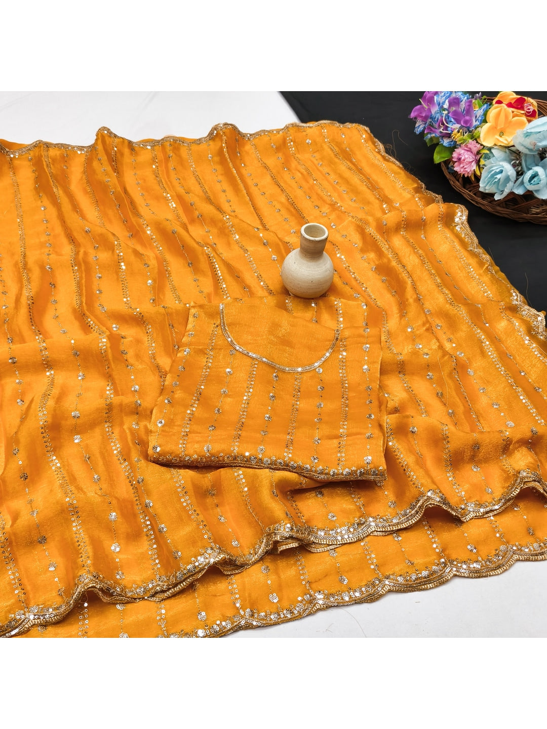 Peachmode Mustard Embellished Chinon Saree - Image 2