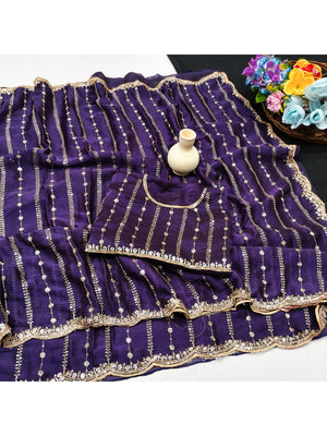 Peachmode Purple Embellished Chinon Saree - Image 2