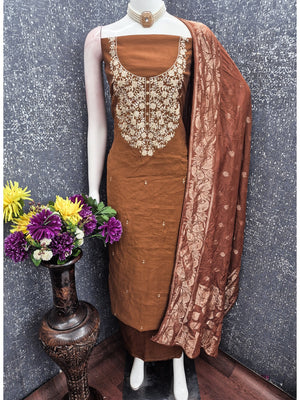 Peachmode Brown Embroidered Roman Silk Dress Material - Image 2