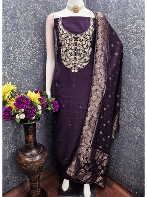 Peachmode Deep Purple Embroidered Roman Silk Dress Material - Image 2