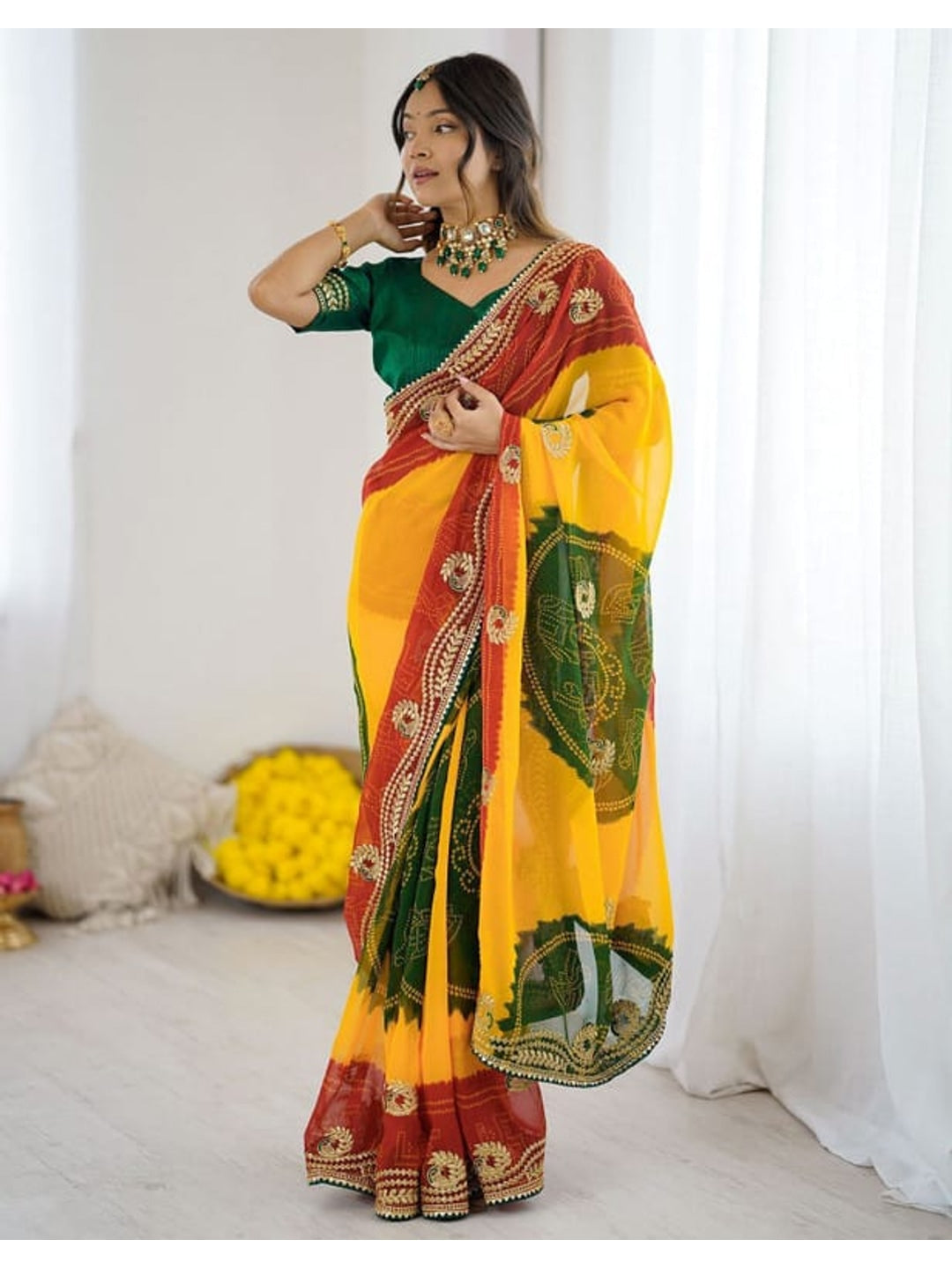 Peachmode Yellow Multicolor Printed Embellished Georgette Saree - Image 1