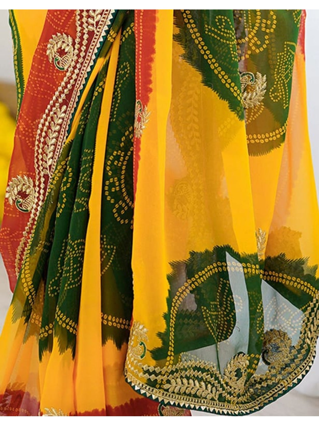 Peachmode Yellow Multicolor Printed Embellished Georgette Saree - Image 5