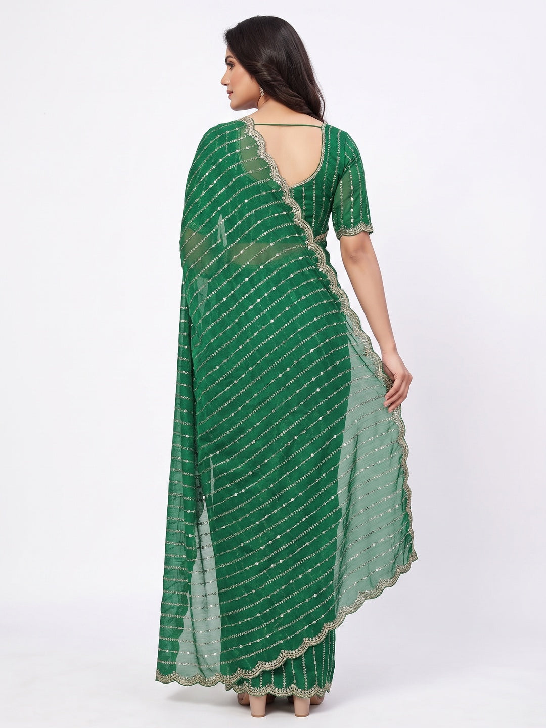 Peachmode Green Embellished Chinon Saree - Image 3