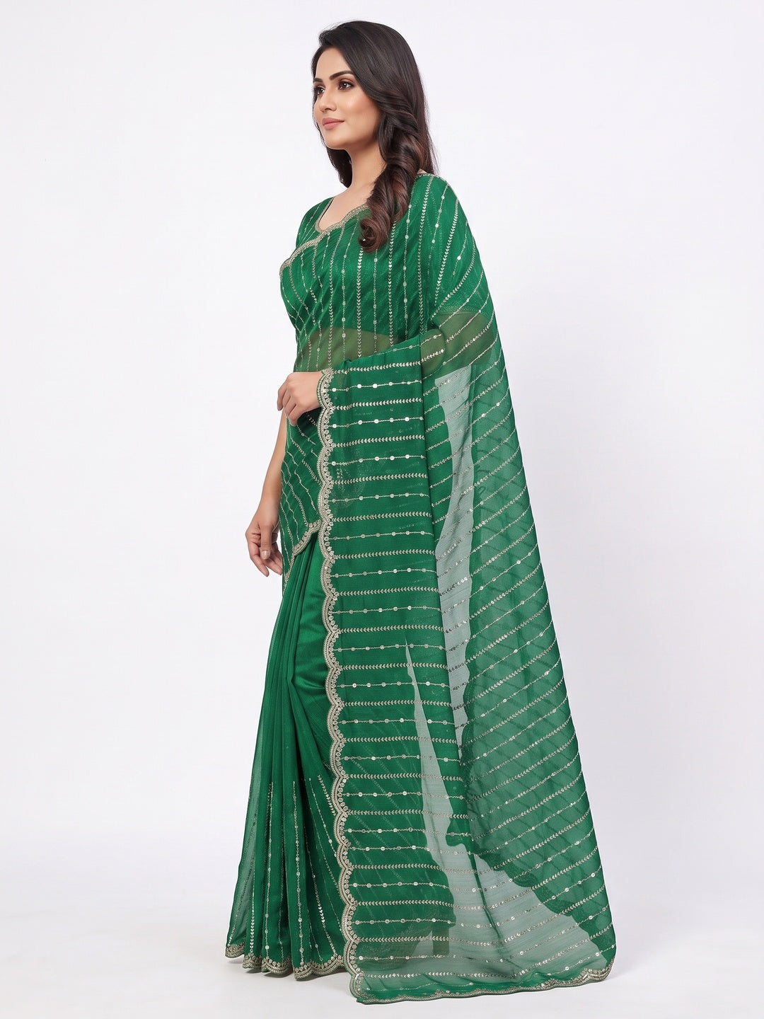 Peachmode Green Embellished Chinon Saree - Image 4