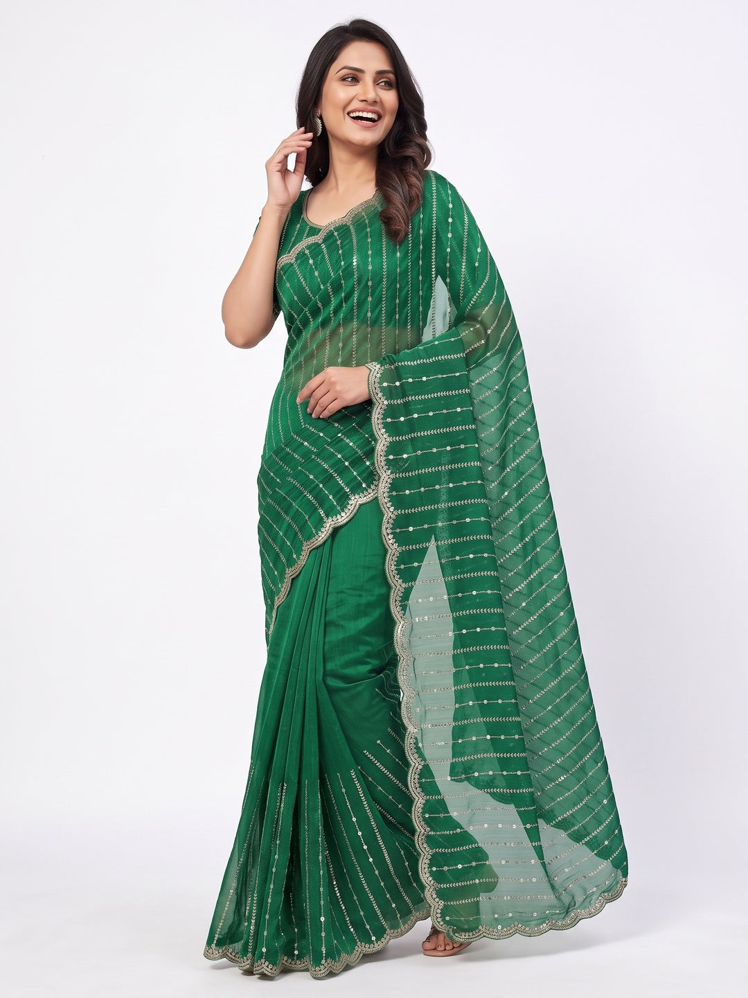 Peachmode Green Embellished Chinon Saree - Image 5