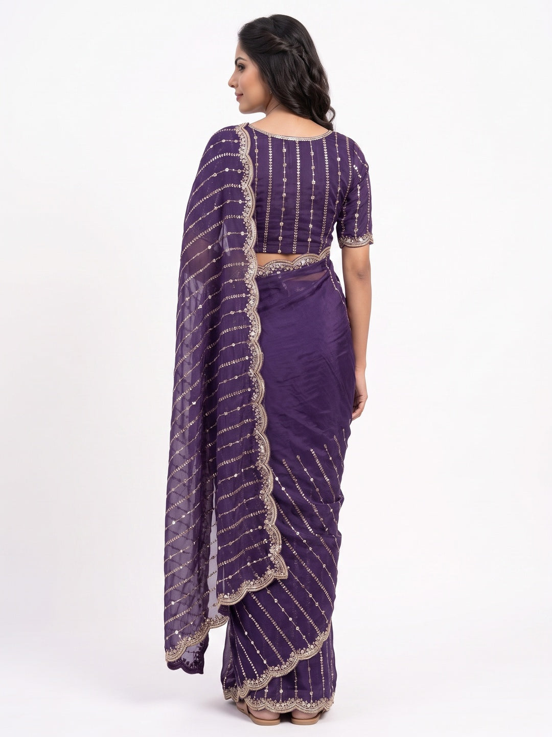 Peachmode Purple Embellished Chinon Saree - Image 3