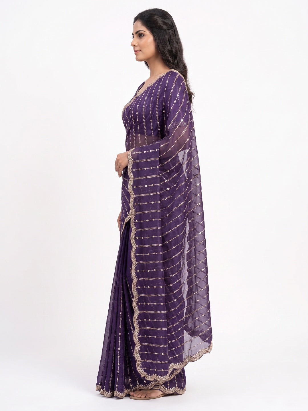 Peachmode Purple Embellished Chinon Saree - Image 4