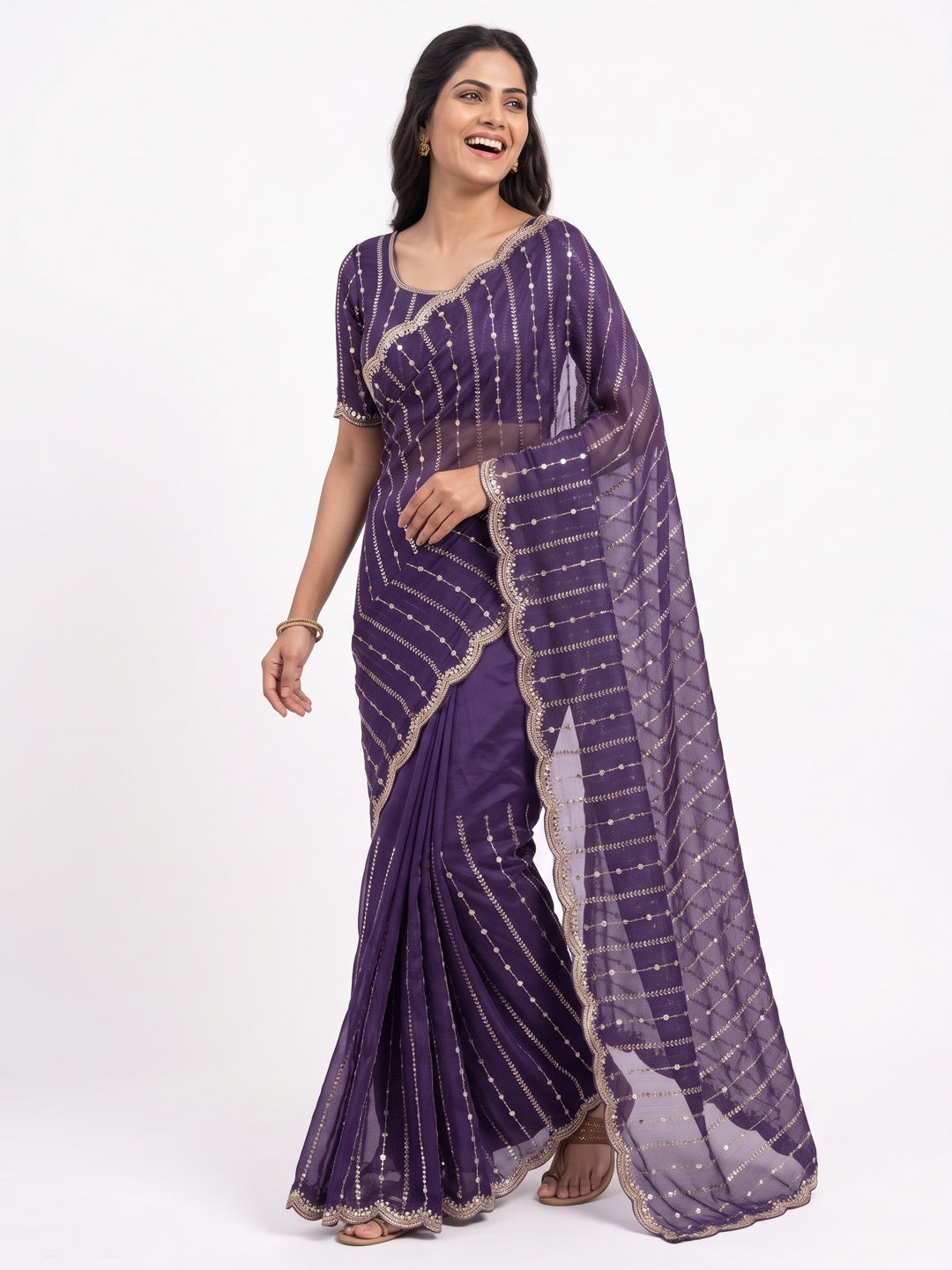 Peachmode Purple Embellished Chinon Saree - Image 5