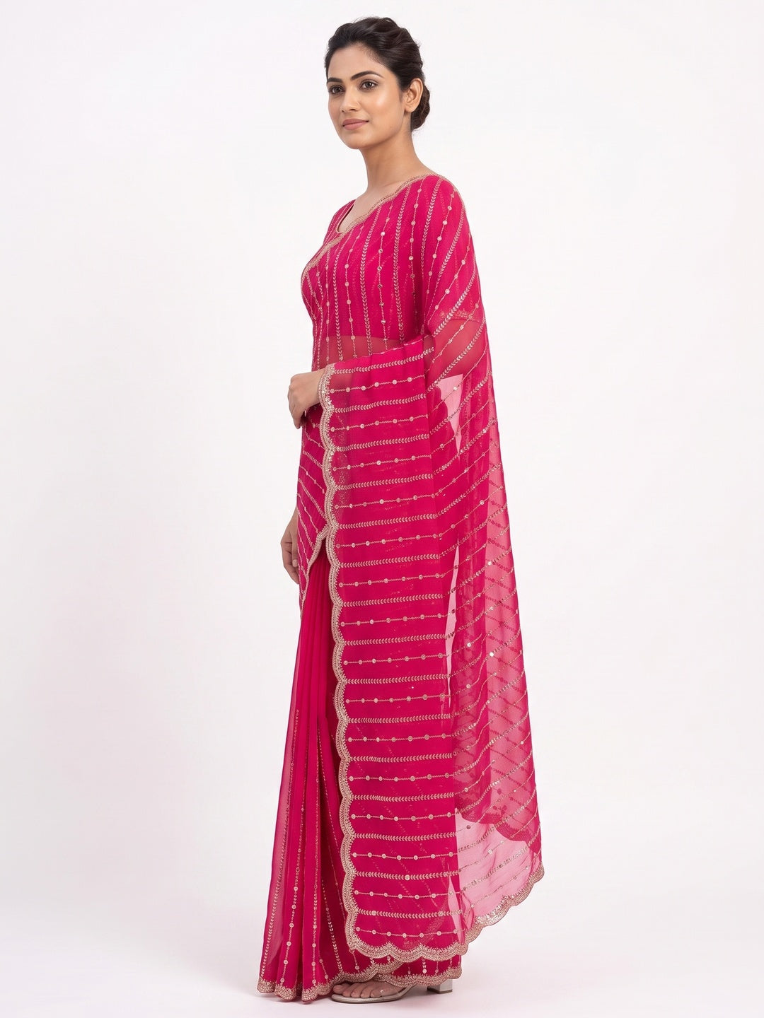 Peachmode Rani Pink Embellished Chinon Saree - Image 4