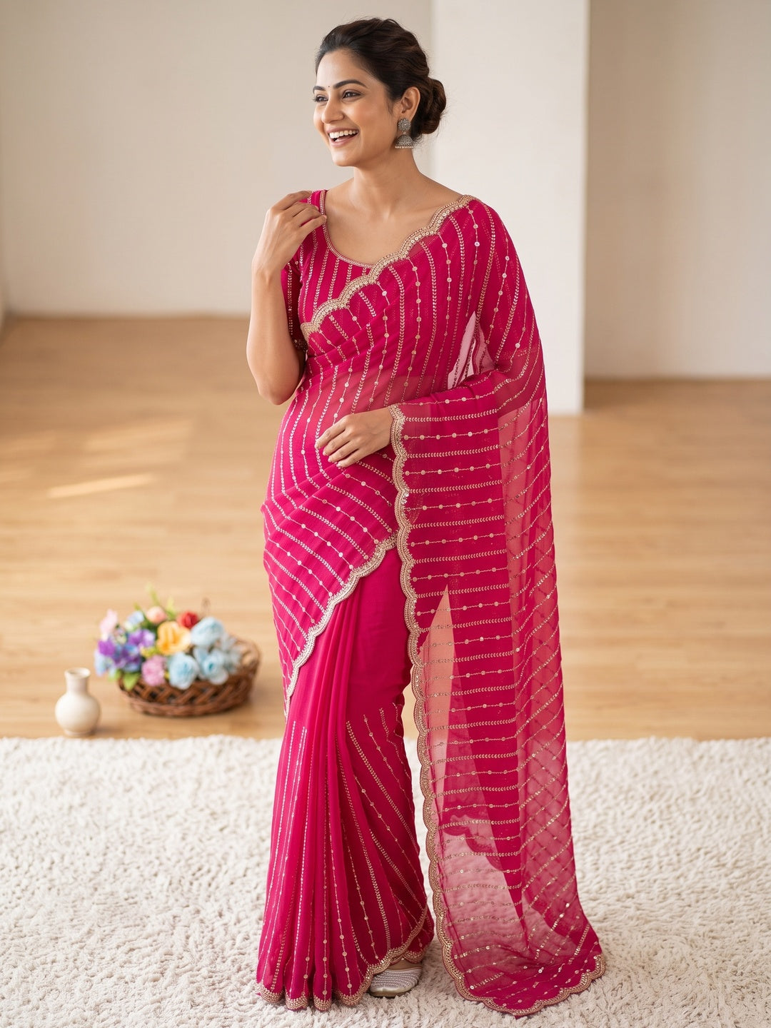 Peachmode Rani Pink Embellished Chinon Saree - Image 5