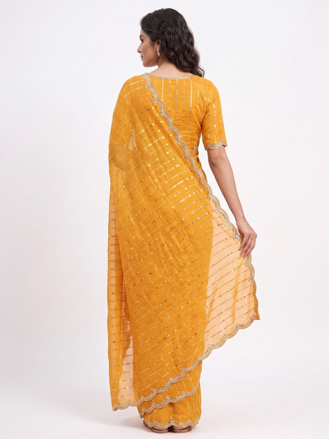 Peachmode Mustard Embellished Chinon Saree - Image 3