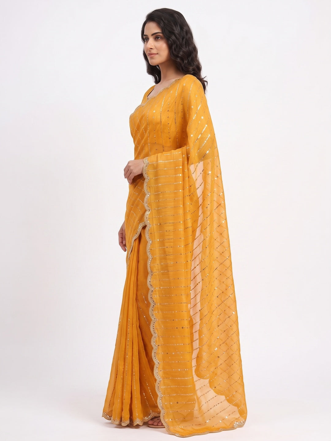 Peachmode Mustard Embellished Chinon Saree - Image 4