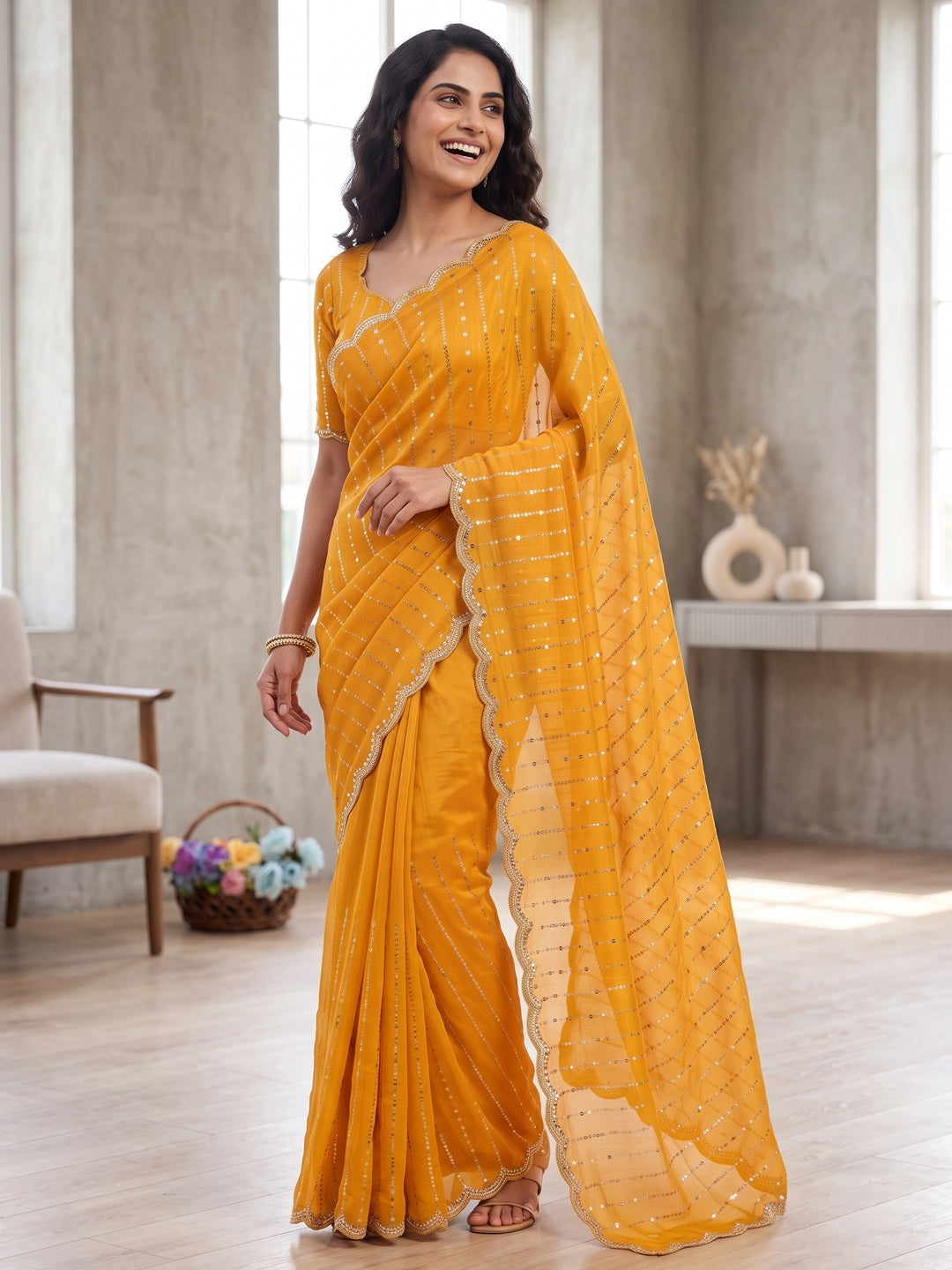 Peachmode Mustard Embellished Chinon Saree - Image 5
