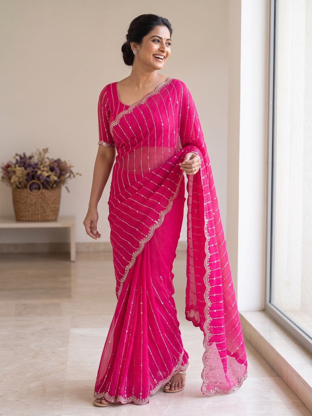 Peachmode Hot Pink Embellished Chinon Saree - Image 5
