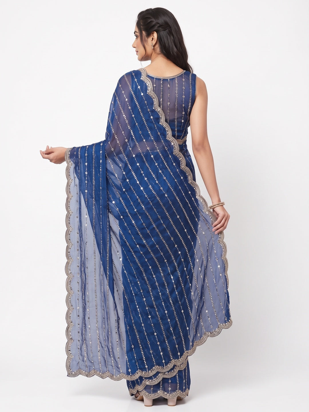 Peachmode Royal Blue Embellished Chinon Saree - Image 3