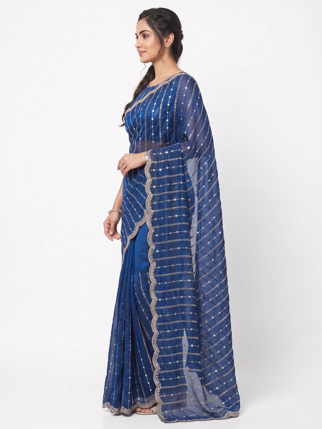 Peachmode Royal Blue Embellished Chinon Saree - Image 4