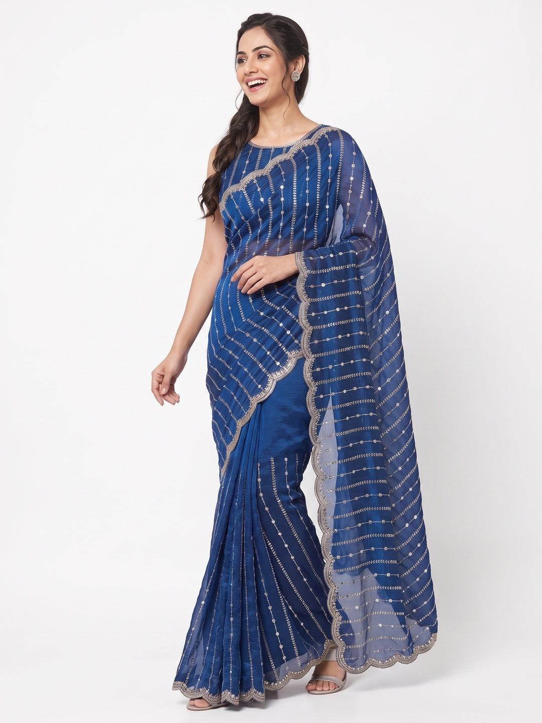 Peachmode Royal Blue Embellished Chinon Saree - Image 5