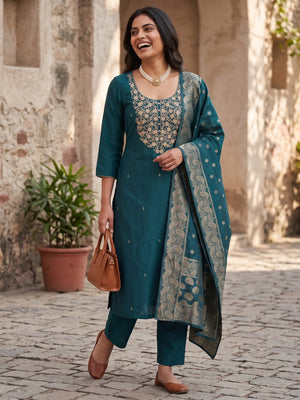 Peachmode Teal Embroidered Roman Silk Dress Material - Image 1